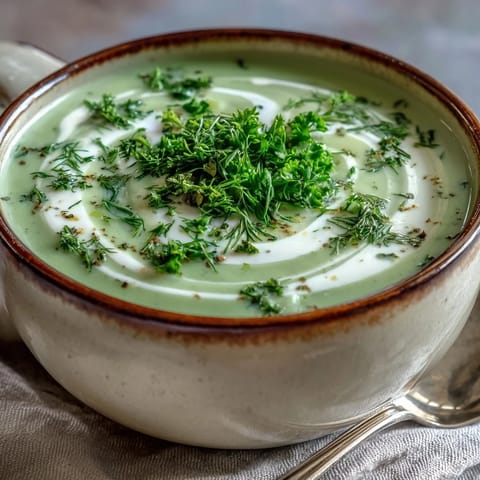 A velvety bowl of Creamy Celery and Herb Soup garnished with herbs and a swirl of cream.