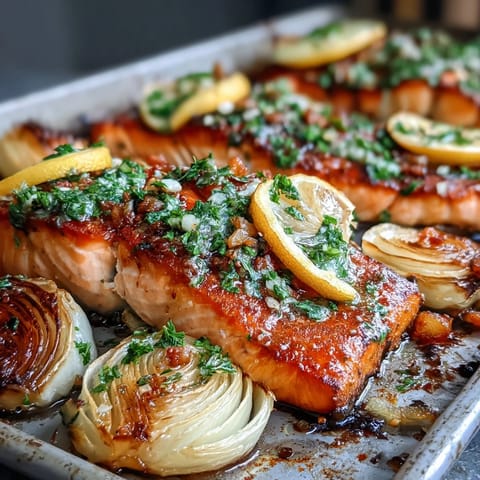 Flaky, perfectly cooked One-Pan Roast Salmon with Leeks, Onions, and Parsley Dressing plated beside roasted potatoes for a complete weeknight dinner.