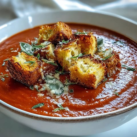 A bowl of Roasted Red Pepper Soup with Crispy Croutons garnished with fresh parsley.