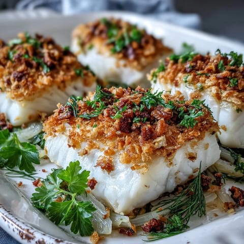 A close-up of baked halibut with fennel, lemon, and walnut pangrattato beside a glass of crisp white wine.