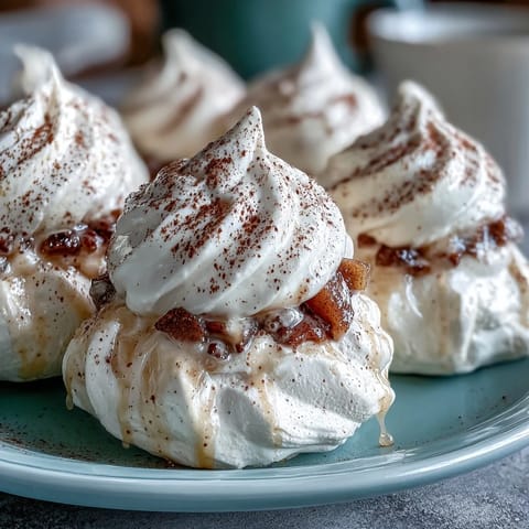 A close-up of Mini Hot Toddy Pavlovas topped with spiced pears and cinnamon dusted whipped cream for a cozy dessert.