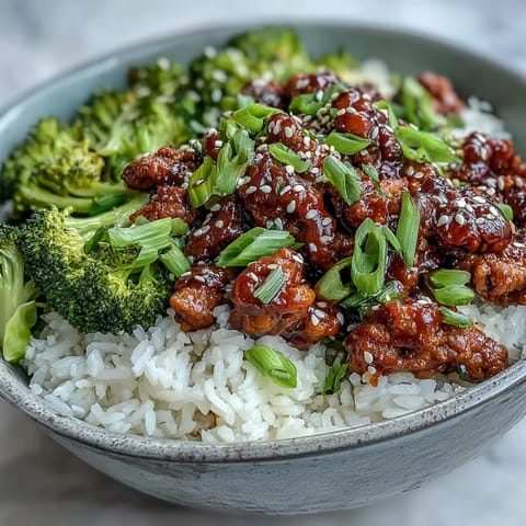 Overhead shot of Sweet and Spicy Turkey Broccoli Bowls, with vibrant green steamed broccoli, chopped green onion, and a sprinkle of sesame seeds.