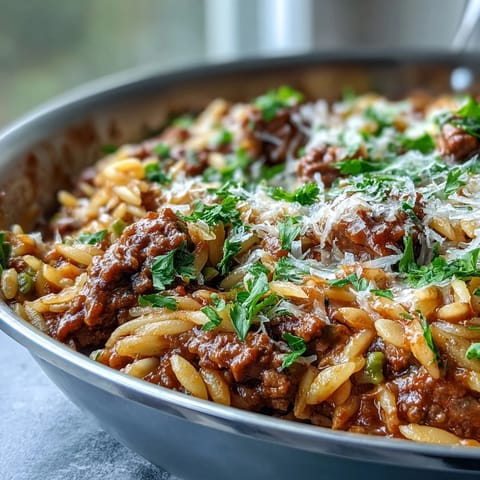 A close-up of the savory Comforting Ground Beef Orzo Dinner with colorful bell peppers, peas, and rich tomato broth.