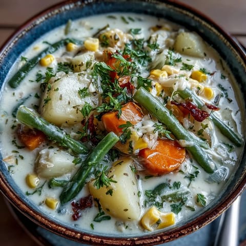Creamy Amish Snow Day Soup steaming in a rustic bowl, garnished with fresh parsley and served alongside crusty bread.