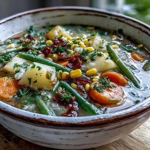 A ladle of Amish Snow Day Soup reveals tender potatoes, carrots, and corn in a velvety, herb-infused broth.