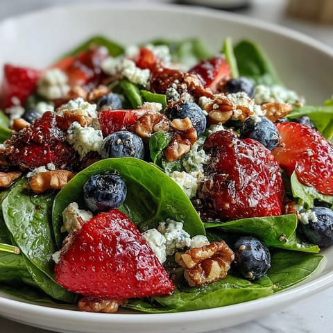 A vibrant bowl of Spinach and Berry Salad with creamy goat cheese and toasted walnuts tossed in tangy vinaigrette.