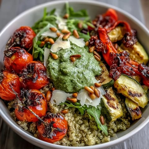 Savory Arugula Pesto Bowl with roasted zucchini, tomatoes, and fluffy quinoa topped with shaved Parmesan.