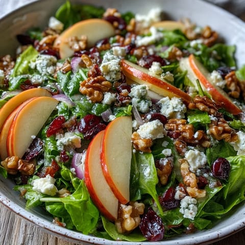 A vibrant Mixed Greens and Apple Bowl salad with greens, crunchy walnuts, and crumbled cheese, tossed in apple cider vinaigrette.