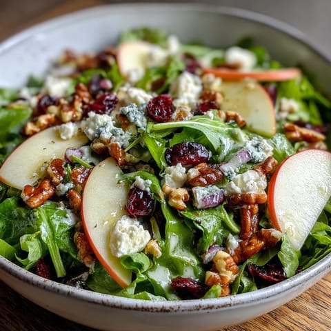 Fresh Mixed Greens and Apple Bowl with crisp apple slices, walnuts, and creamy goat cheese, drizzled with tangy cider vinaigrette.