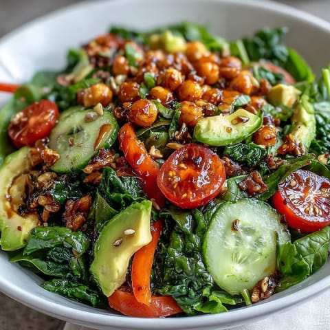 Colorful Mixed Greens Power Bowl with chickpeas and pumpkin seeds, served as a hearty vegan lunch on a rustic wooden table.