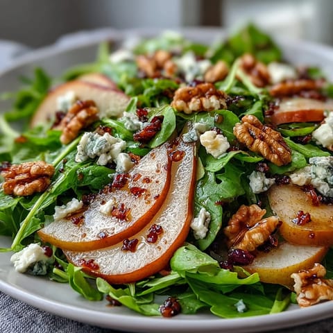 Fresh peppery arugula topped with sliced ripe pears and crumbled blue cheese in a salad bowl, finished with chopped toasted walnuts and glistening balsamic vinaigrette.