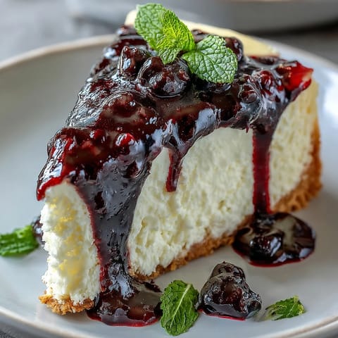 A vibrant, glossy Black Currant Sauce drizzled generously over a slice of creamy cheesecake