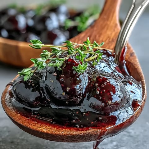 A glossy, thick Black Currant Glaze simmered in a small saucepan with balsamic and honey.