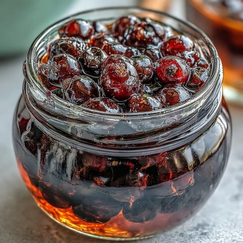 The finished Easy Blackcurrant Liqueur in a glass bottle, with a deep crimson hue and berries on the side.