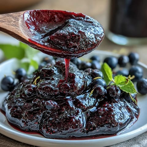 A glistening spoonful of Black Currant Jelly shows its perfect gel, captured mid-drizzle over a warm buttermilk biscuit.