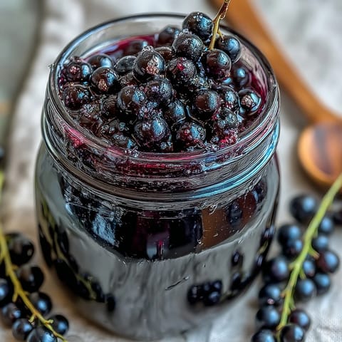 A glass of vibrant Black Currant Shrub mixed with sparkling water and garnished with fresh berries.  