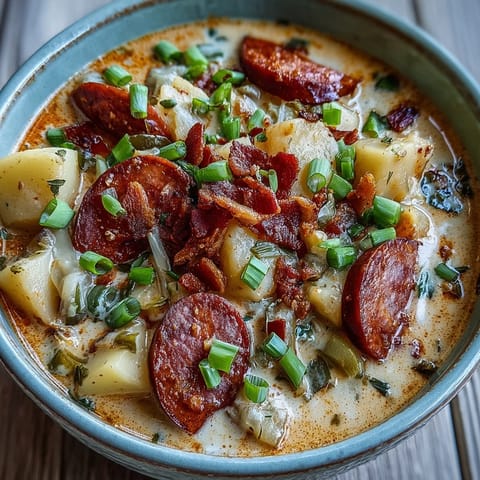 Creamy Cajun Potato Soup with Andouille Sausage served steaming hot in a rustic bowl, garnished with fresh green onions and chives.