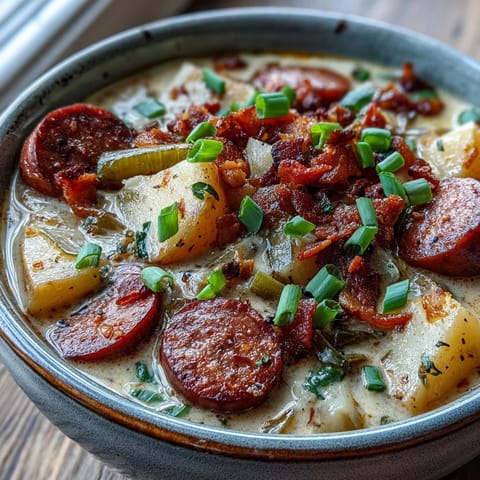 Hearty Creamy Cajun Potato Soup with Andouille Sausage featuring tender potatoes and rich, smoky-spicy broth, perfect for chilly evenings.