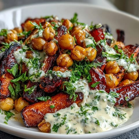 Fresh herbs garnish a vibrant One-Pan Roasted Carrot and Chickpea Bowl served over quinoa with drizzled lemon-tahini sauce.