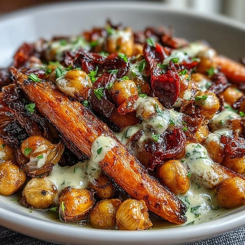 Golden roasted carrots and crispy chickpeas for a One-Pan Roasted Carrot and Chickpea Bowl, topped with creamy tahini dressing.