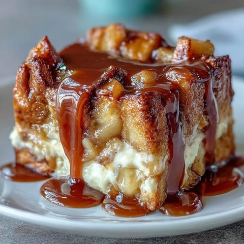 Slice of Caramel Apple Cheesecake Bread Pudding revealing tender apple chunks and rich custard on a rustic wooden plate.