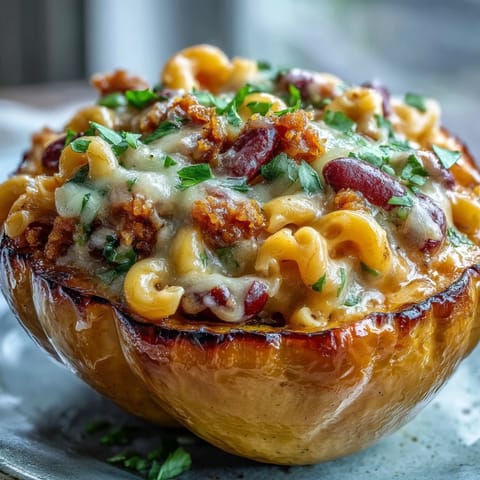 Hot Honey Chili Mac Stuffed Squash with creamy filling in roasted acorn squash, topped with fresh cilantro and drizzled with extra spicy honey.