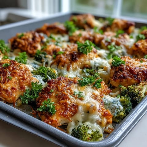 Fork-ready, juicy chicken and roasted broccoli florets with melted cheese on a lined baking sheet.