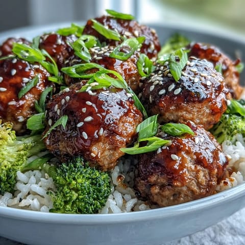 Golden glazed Honey Garlic Turkey Meatballs served over fluffy rice with tender green broccoli florets.
