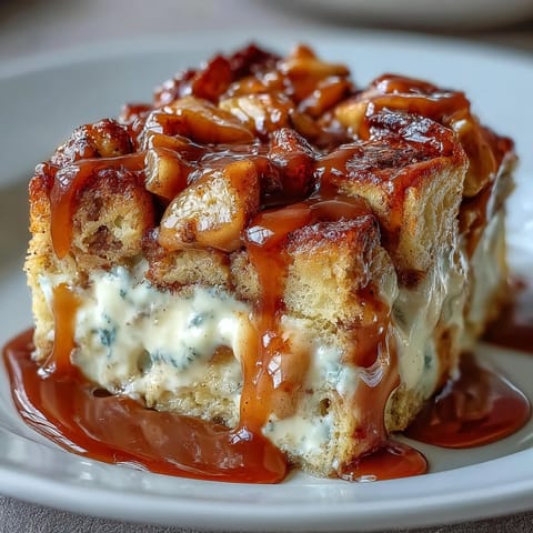 Golden brown Caramel Apple Cheesecake Bread Pudding with a luscious caramel drizzle topping. 