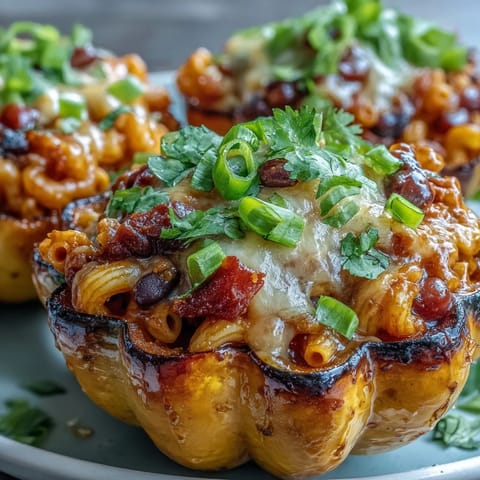 Roasted acorn squash halves overflowing with cheesy Hot Honey Chili Mac Stuffed Squash, glistening with a spicy honey drizzle.
