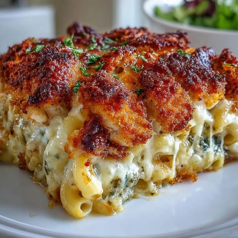 Gooey Baked Pesto Chicken Mac & Cheese served hot from oven, paired with fresh green salad.
