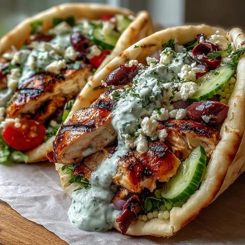 Greek Chicken Feta Stuffed Pitas filled with juicy grilled chicken, tangy feta, and cool tzatziki sauce.