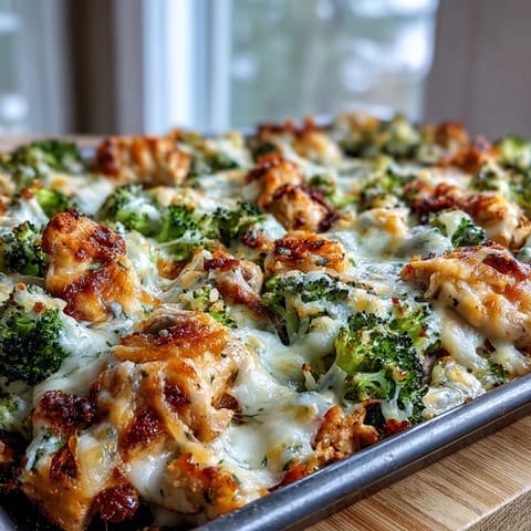 Golden Ranch Chicken & Broccoli Sheet Pan Melt with bubbling cheddar cheese on tender roasted vegetables.