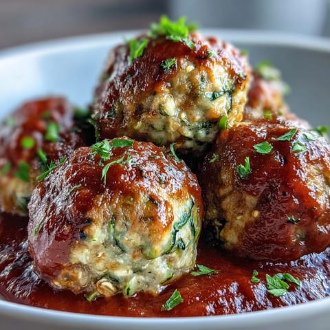 Golden-brown Clean Eating Turkey and Veggie Meatballs with Marinara simmer in a rich red sauce, garnished with fresh basil and served over zucchini noodles.