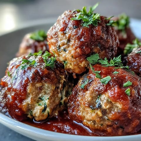 A close-up of Clean Eating Turkey and Veggie Meatballs with Marinara, showcasing tender texture and bright tomato sauce, ready for a healthy weeknight dinner.