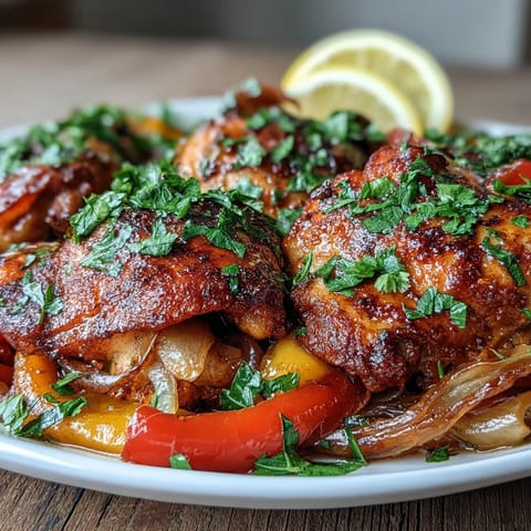 Golden, crispy-skinned One-Pan Paprika Chicken thighs roasted with colorful bell peppers and onions.