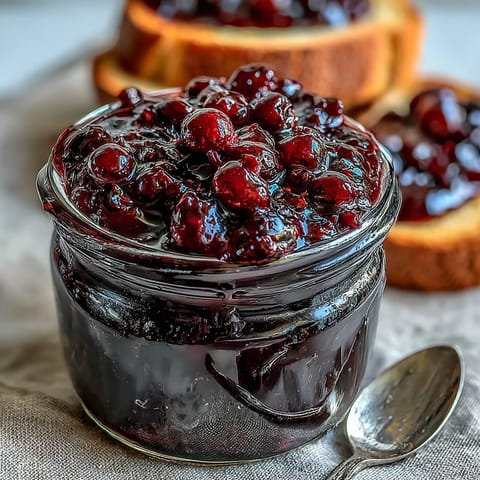 A jar of homemade black currant jam, rich and glossy, with whole berries glistening in a deep purple spread.
