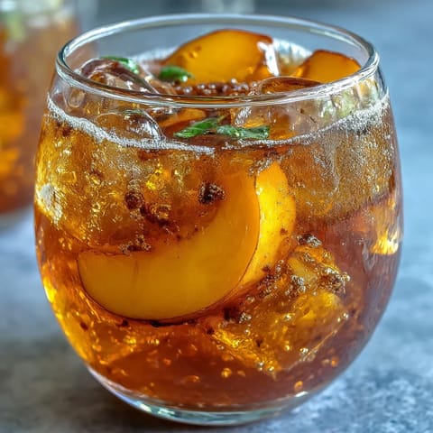 Cold mango iced tea served in a clear glass with vibrant mango puree and a slice of fresh mango garnish.  