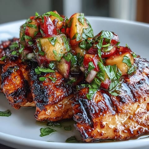 Juicy grilled chicken breasts served with vibrant peach basil salsa, combining sweet peaches and fresh herbs for a summery flavor.