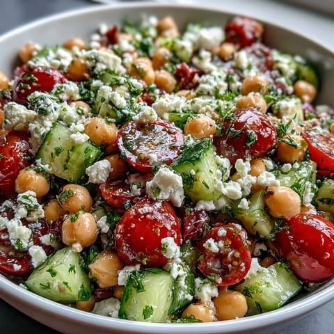 Bright and fresh Mediterranean chickpea salad featuring crisp veggies, herbs, and a lemon-oregano dressing.  