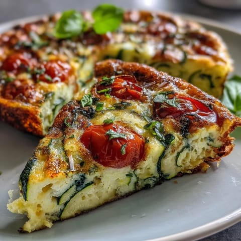 Golden egg frittata loaded with tender zucchini slices, juicy cherry tomatoes, and fragrant basil, perfect for a quick, nutritious brunch or dinner.  