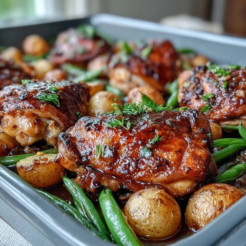 Honey garlic sheet pan chicken with green beans and baby potatoes, golden and caramelized, served on a rustic baking tray.