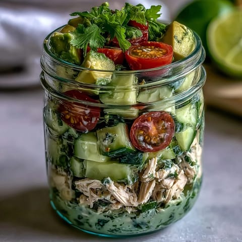 Mason jar avocado chicken salad with cherry tomatoes and cucumber, perfect for quick, mayo-free keto meal prep.