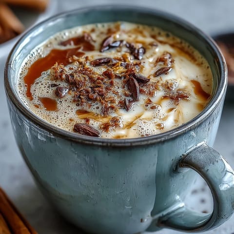 A steaming mug of cardamom chai latte with frothy milk and aromatic spices, perfect for a cozy morning or afternoon break.  