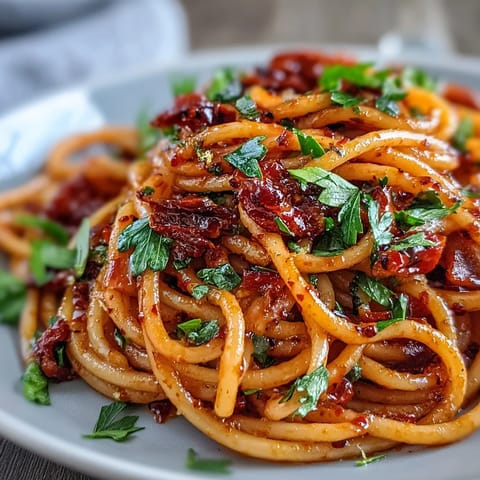 Spicy Calabrian Chili Pasta with bucatini in a fiery chili oil sauce, balanced by savory anchovy and fresh parsley.  