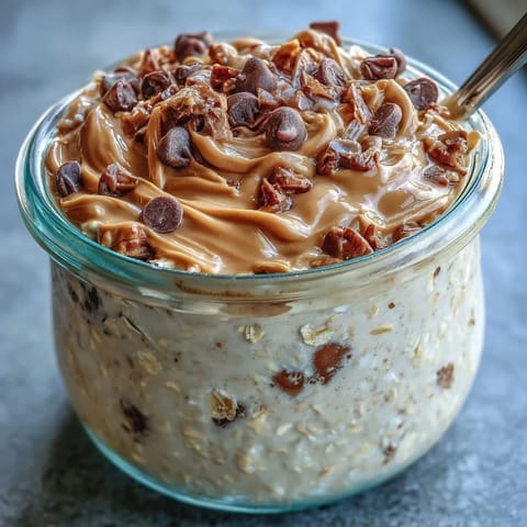 Creamy overnight oats with peanut butter and chocolate chips, perfect for a quick and healthy breakfast.