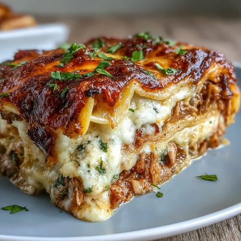 Cheesy Dumpling Lasagna Bake with savory pork and cabbage, baked golden.