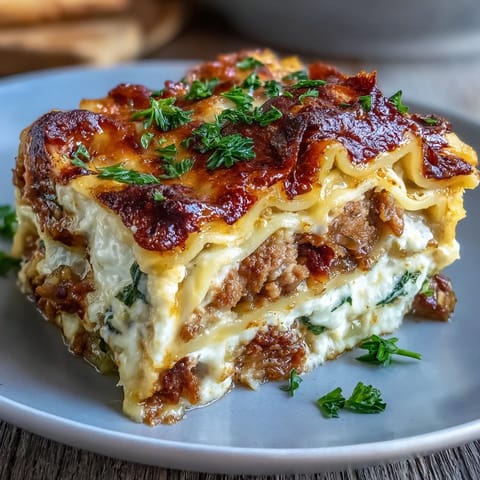 Our loaded Dumpling Lasagna Bake, featuring cheesy layers, ready to serve.