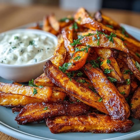 Golden-brown sweet potato fries cooked to perfection in the air fryer, paired with tangy sour cream and caramelized onion dip for irresistible flavor.  