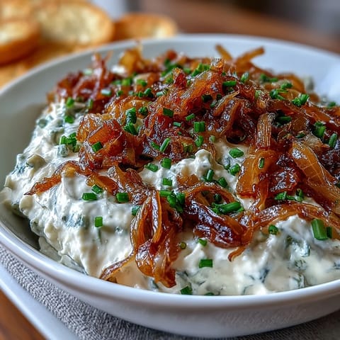 Rich and savory caramelized onion dip featuring tangy sour cream, garnished with bright green chives and a sprinkle of paprika for color.  